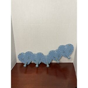 Vintage Grannycore Blue Wooden 5 Peg Heart Wall Mount Hanging Coat Rack